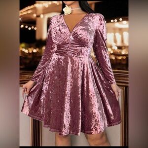 SHEIN curve Velvet Long Sleeve Dress in Pink